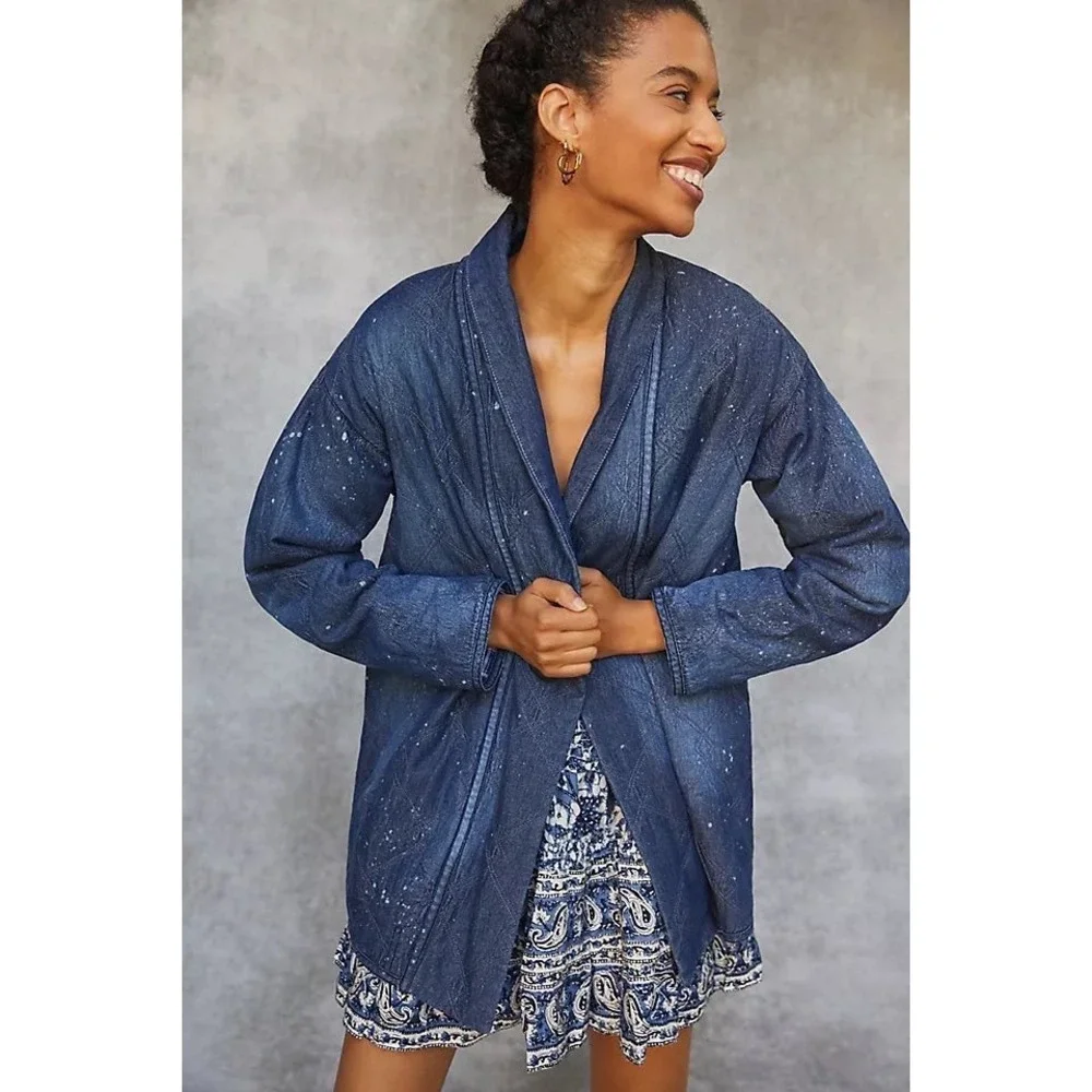 Anthropologie Pilcro Quilted Denim Spattered Oversized Boxy Kimono Jacket NWT XS